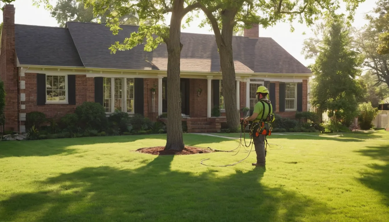 A tree removal provider working safely near a house in Oak Point